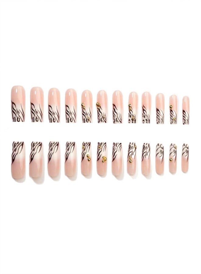 SINHOT Press on Nails - Medium Square Fake Nails, Glossy Finish, Zebra Stripes & Gold Pearls, DIY Artificial False Nail Art - 24 Pcs Nail Kit with Glue - Image 4